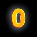 Bright polished yellow alphabet - number 0 isolated on black background, 3D illustration of symbols