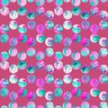 Bright polka dot abstract grunge colorful splashes texture watercolor seamless pattern design in turquoise, pink colors palette Royalty Free Stock Photo