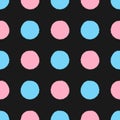 Bright polka dot painted by watercolour brush. Color seamless pattern. Sketch, watercolor, grunge. Black, pink, blue.