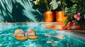 A bright pool setup with a vibrant towel, flip-flops, and tropical Royalty Free Stock Photo