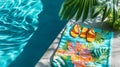 A bright pool setup with a vibrant towel, flip-flops, and tropical Royalty Free Stock Photo