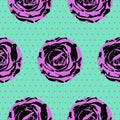 Bright Pop art seamless pattern with roses, purple circles and polka dot on turquoise background in vibrant colors Royalty Free Stock Photo