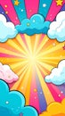 Bright Pop Art Sunburst Background with Cartoon Clouds and Stars Royalty Free Stock Photo