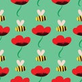 bright poppies and bees seamless vector pattern