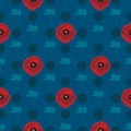 Bright poppies seamless pattern design on blue background with silhouettes