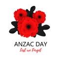 A bright poppy flower. Remembrance day symbol. Lest we forget lettering. Anzac day lettering Royalty Free Stock Photo