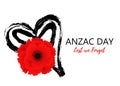 A bright poppy flower. Remembrance day symbol. Lest we forget lettering. Anzac day poster with hand draw heart