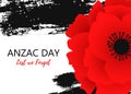 A bright poppy flower. Remembrance day symbol. Lest we forget lettering. Anzac day poster with hand draw ink Royalty Free Stock Photo