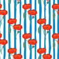 Bright poppy flower silhouettes seamless pattern. Floral ornament in red color on background with blue and white strips Royalty Free Stock Photo