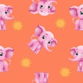 Seamless pattern with small elephants and suns cartoon style Royalty Free Stock Photo