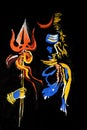 Bright poster color made hand painted illustration of Lord Shiva with his trishul. Dark black background. Shiva, Mahadeva or Hara