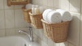 Bright and practical small bathroom with wall-mounted baskets and neatly arranged toiletries in a minimalist design Royalty Free Stock Photo