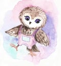 Small owl in a boy`s jumpsuit watercolor illustrtion print to decorate children`s clothing and children`s rooms. Bright watercolor