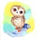 Small owl with a children`s toy truck watercolor illustrtion print to decorate children`s clothing and children`s rooms. 