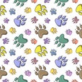 Bright print for children, Colorful paw prints of different animals, cartoon style, seamless square pattern Royalty Free Stock Photo