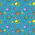 Bright print for children, Seamless square pattern , colorful paw prints of different animals, cartoon style Royalty Free Stock Photo