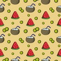 Bright print, Juicy slice of red watermelon with pieces of coconut and kiwi, seamless square pattern Royalty Free Stock Photo
