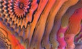 Bright psychedelic decorative illustration of weird organic shapes, plastic mastic layers, fluid stains of orange pink stains.