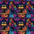 bright psychedelic seamless pattern with cartoon cats in glasses neon colors in retro style Royalty Free Stock Photo