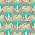 bright psychedelic seamless pattern in green tones with cannabis leaf elements.