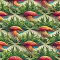 bright psychedelic seamless pattern in green tones with cannabis leaf elements.