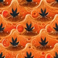 Bright psychedelic seamless pattern in orange tones with cannabis leaf elements.