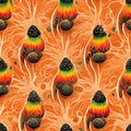 Bright psychedelic seamless pattern in orange tones with cannabis leaf elements.