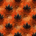 Bright psychedelic seamless pattern in orange tones with cannabis leaf elements.