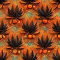 Bright psychedelic seamless pattern in orange tones with cannabis leaf elements.