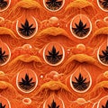 Bright psychedelic seamless pattern in orange tones with cannabis leaf elements.