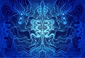 Bright psychedelic trippy fractal mandala, blue cyan gradient color, isolated dark blue background. Bohemian decorative Royalty Free Stock Photo