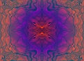 Bright psychedelic trippy fractal mandala, gradient orange pink violet blue color background.