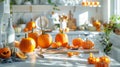 Bright pumpkins and carving tools on well-lit table with spoons, knives, stencils, markers