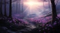 Bright Purple Flowers In Woods: Nightcore Style Painting With God Rays