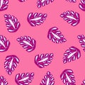 Bright purple folk monstera silhouettes seamless nature pattern. Pink backround. Random ornament Royalty Free Stock Photo