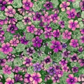 Bright purple and pink nasturtium flowers with leaves on green background. Seamless floral pattern. Watercolor painting. Royalty Free Stock Photo