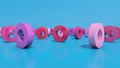 Group of bright purple and pink rings rotating, blue background. Abstract illustration, 3d rendering.