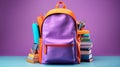 Bright purple school backpack next to stack of colored books pens and pencils isolated on lilac background, back to school concept Royalty Free Stock Photo