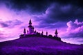 Bright purple sky and beautiful clouds, Halloween night with black castle and black lamp posts shining at night.