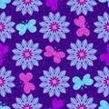 Bright purple spring pattern with openwork flowers and colorful butterflies