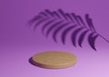 Bright purple, violet simple 3D render minimal natural product display composition with one wood podium or stand with palm leaf