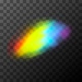 Bright rainbow light effect. Light streak overlay of lens flare on transparent Royalty Free Stock Photo