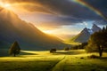 A bright rainbow with the sun breaking through the clouds Royalty Free Stock Photo