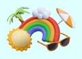 Bright rainbow, sun, beach umbrella, cloud, sunglasses, palm tree Royalty Free Stock Photo