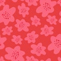 Bright random pink flower silhouettes seamless doodle pattern. Red background. Garden bloom print