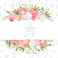 Bright ranunculus, peony, rose, carnation, green plants horizontal vector design frame