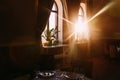 Bright rays of the sun fall into the restaurant window Royalty Free Stock Photo