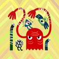 Bright Red Angry Monsters on Zig Zag Background. Vector Illustration