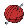 Bright red ball of knitting thread with metal crochet, vector cartoon Royalty Free Stock Photo