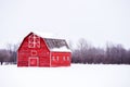Bright red barn in winter landscape Royalty Free Stock Photo